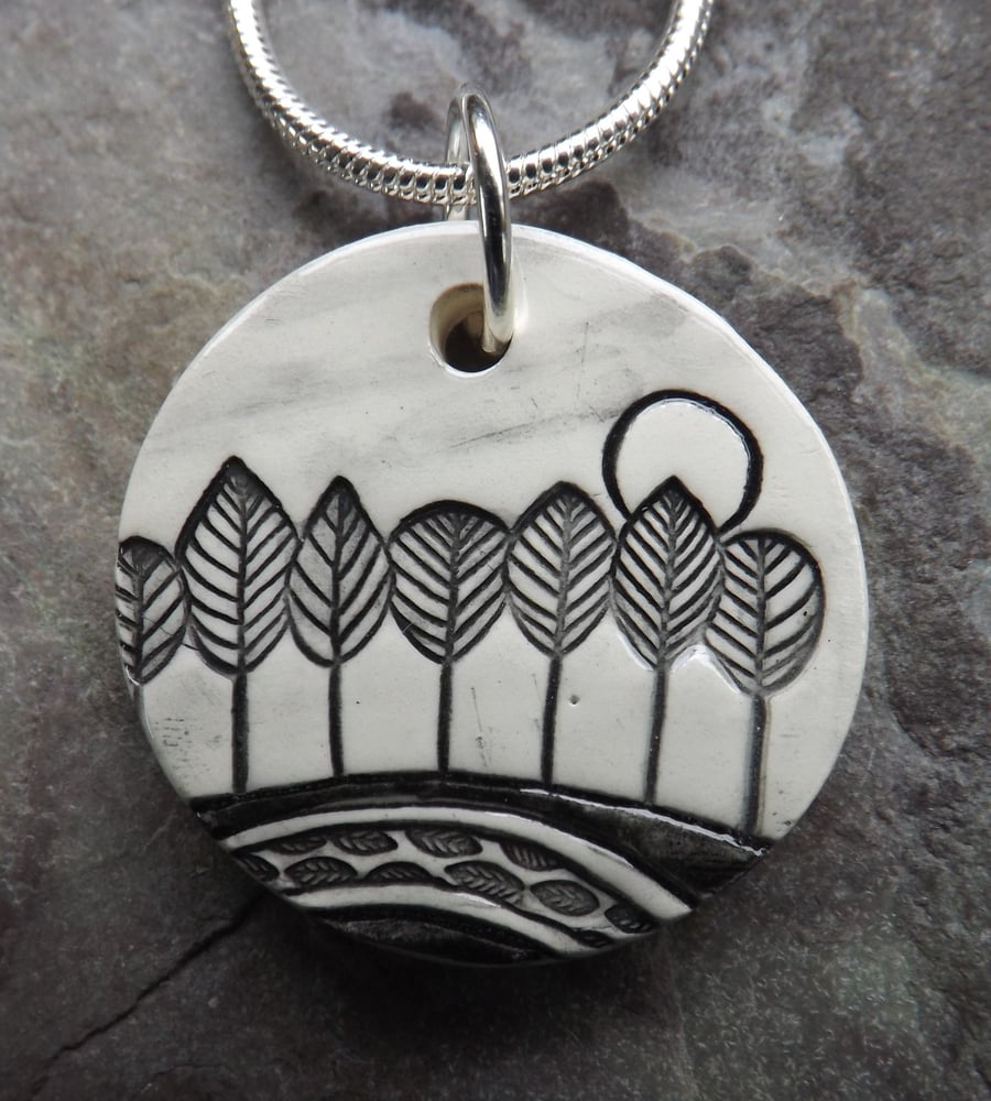 Handmade Ceramic Moonlit Trees pendant in black, white and grey