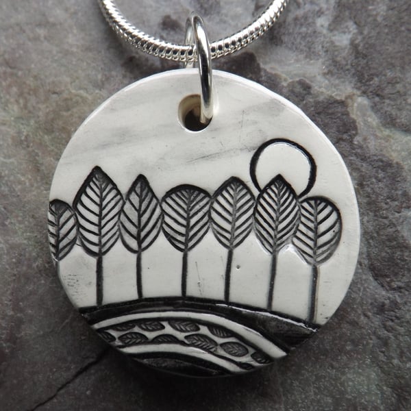 Handmade Ceramic Moonlit Trees pendant in black, white and grey