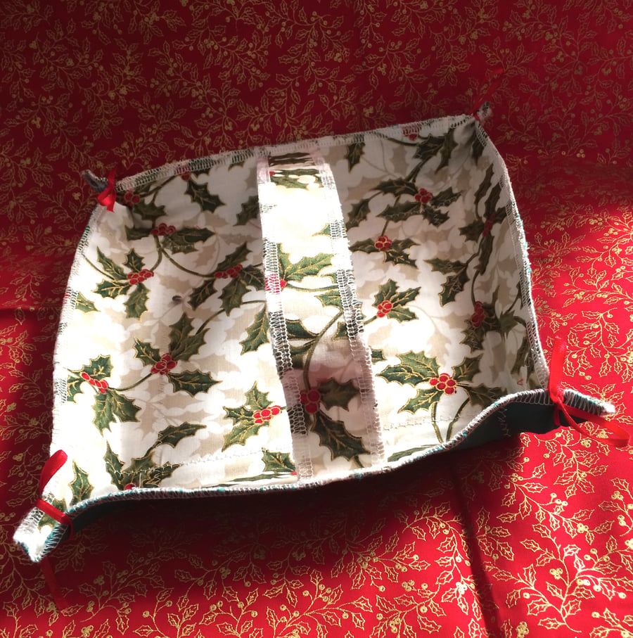 Small white and holly fabric square basket