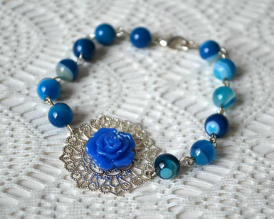 Sale! 30% off! Bracelet with Blue Agate and Rose Cabochon