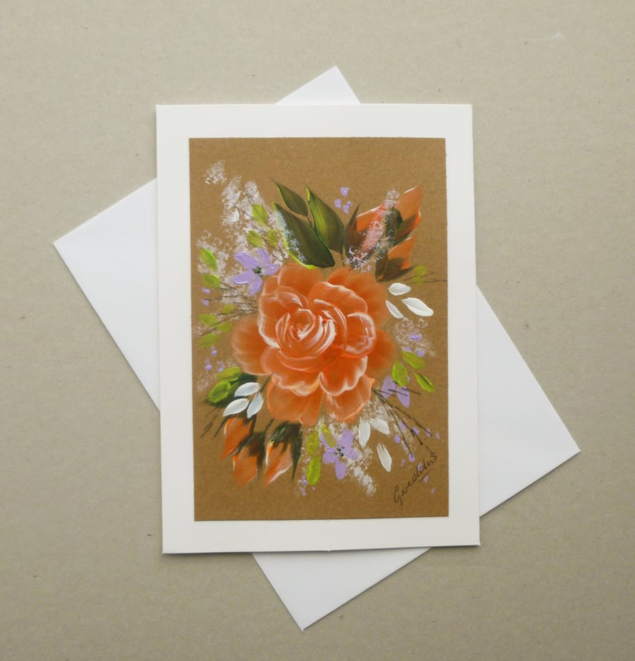 hand painted floral rose greetings card ( ref F 1009 A6 )