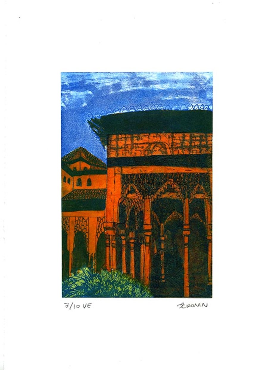 Alhambra Courtyard Etching & Chine Colle Hand Pulled Original Print 