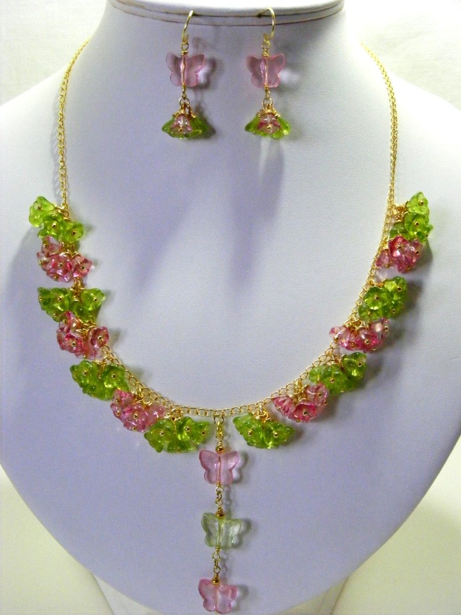 Pink and Green Glass Flower Jewellery Set