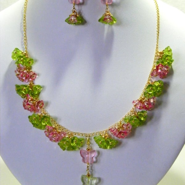 Pink and Green Glass Flower Jewellery Set