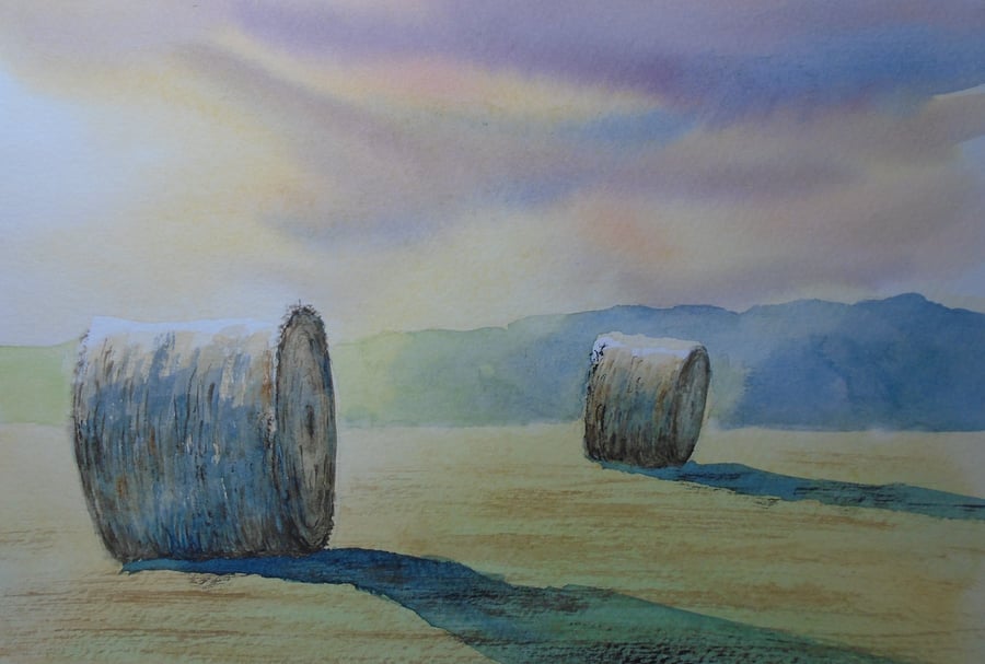 Summer haybales (PURE ORIGINAL WATERCOLOUR) Fully mounted 14" x 11"