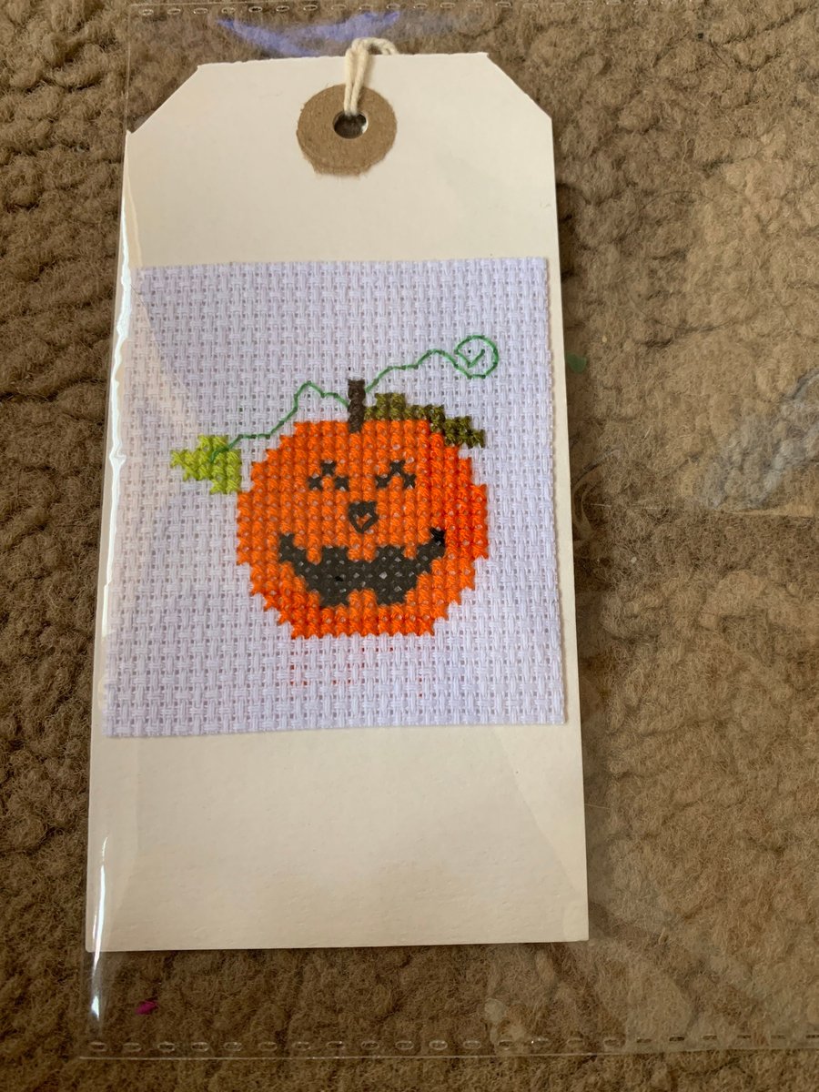 Halloween pumpkin cross stitched gift tag , trick or treat tag