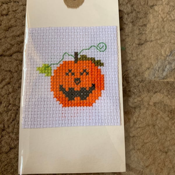 Halloween pumpkin cross stitched gift tag , trick or treat tag