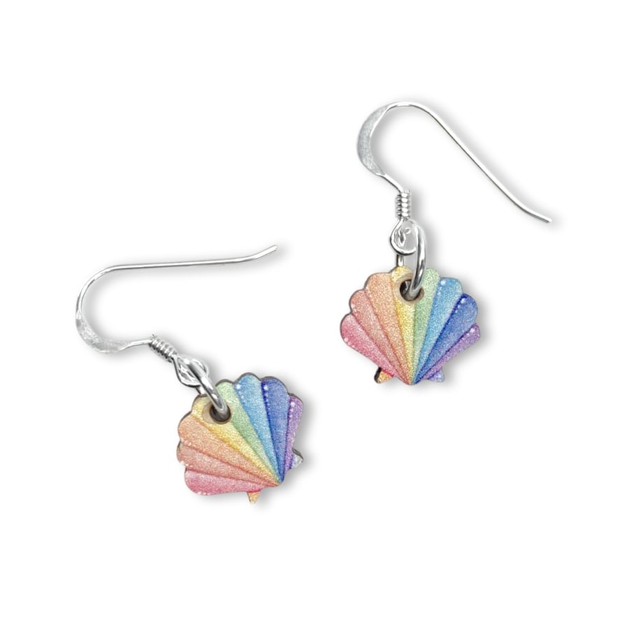Scallop Shell Earrings. Dangly Wooden and Sterling Silver LGBTQ Pride Jewellery.