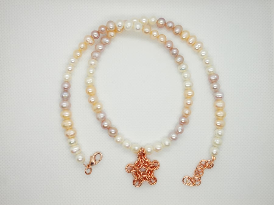 SALE - Multi-colour pearl necklace with chainmaile star