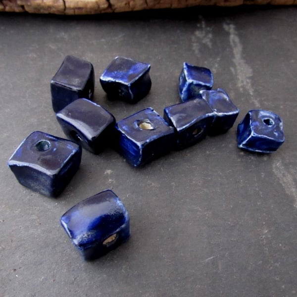 10 Small Dark Blue Glazed Cube Clay Beads