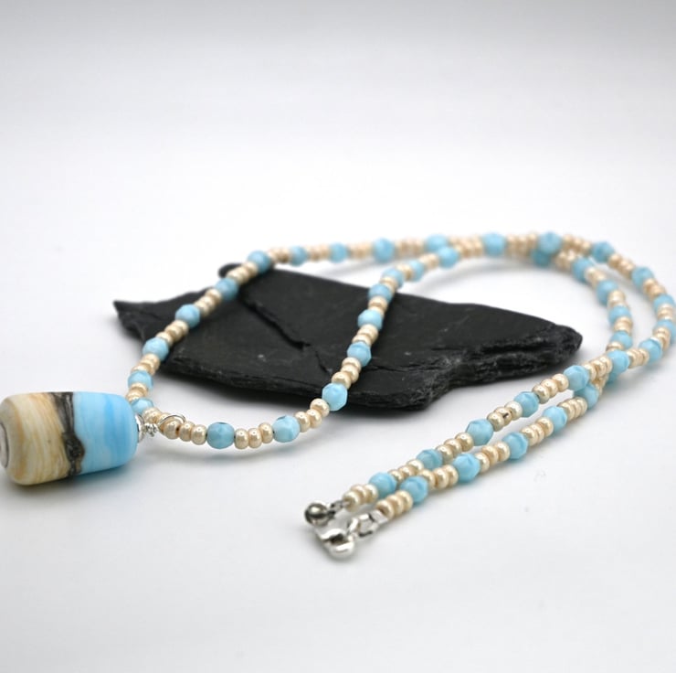 blue beach lampwork glass pendant necklace - Folksy