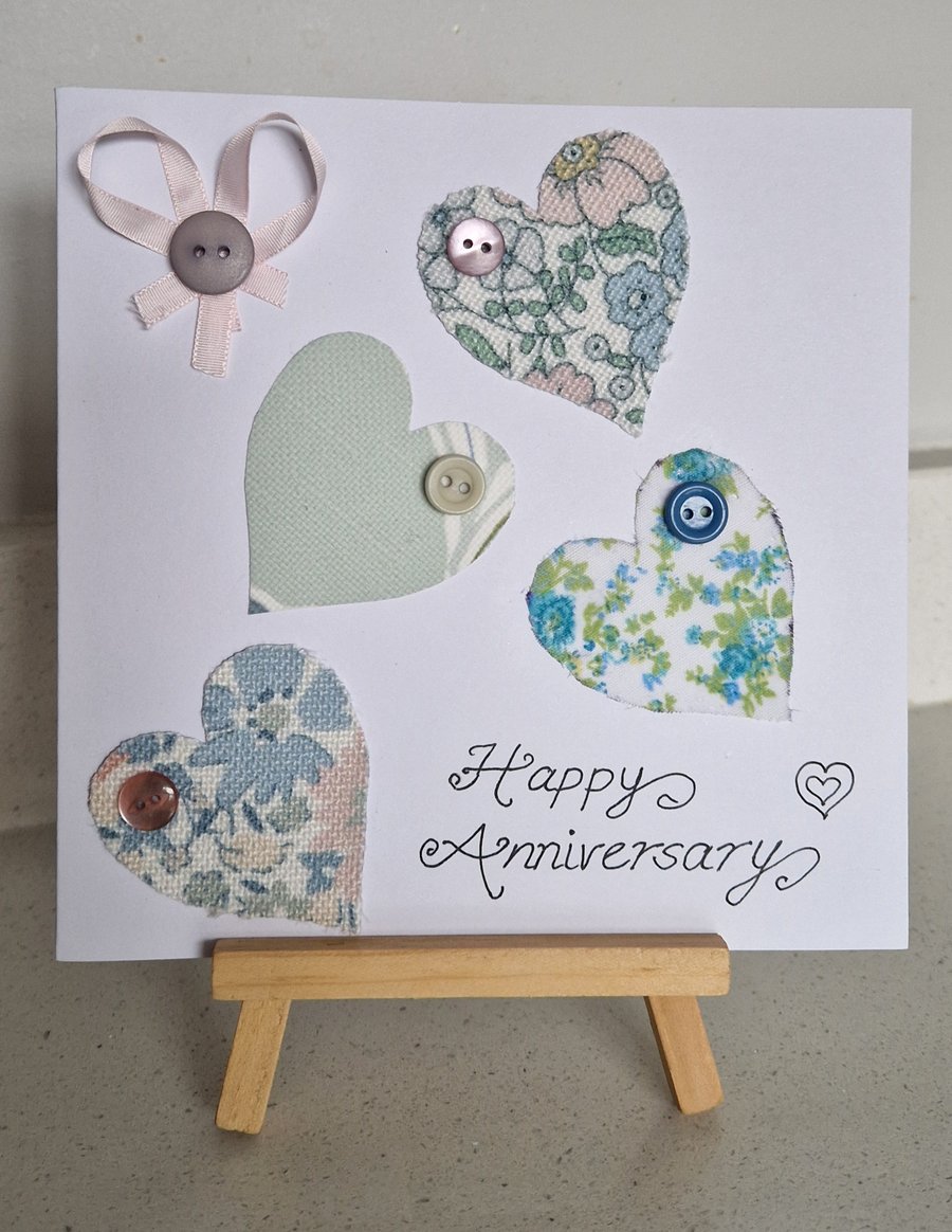 Happy anniversary card hearts of pastel green & florals with buttons & ribbon