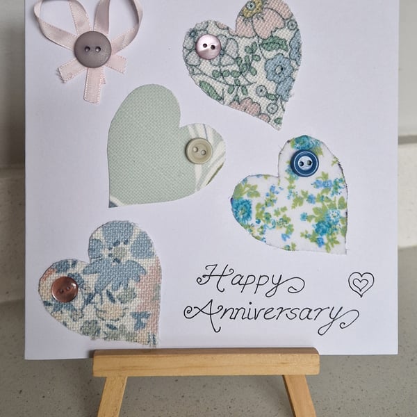 Happy anniversary card hearts of pastel green & florals with buttons & ribbon
