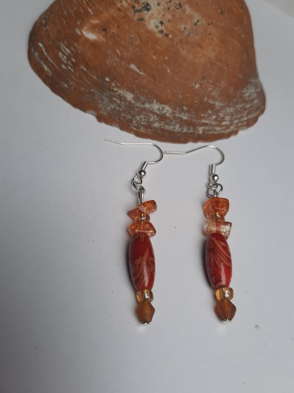 Orange Beaded Dangle Earrings 
