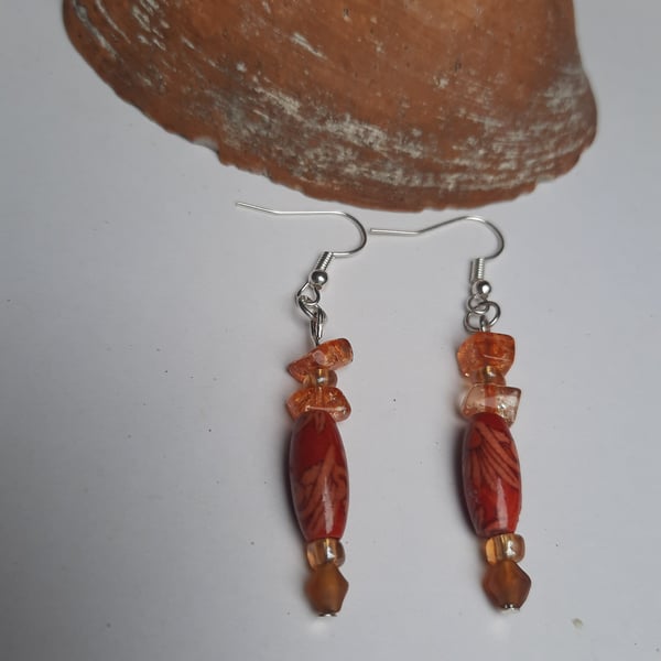 Orange Beaded Dangle Earrings 