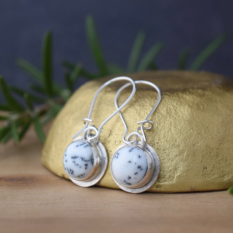 Sterling Silver and White Dendritic Opal Drop Earrings