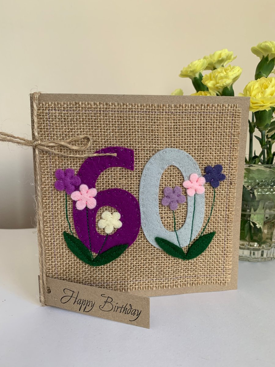 60th Birthday Card . Felt. Handmade Card. Keepsake Card.