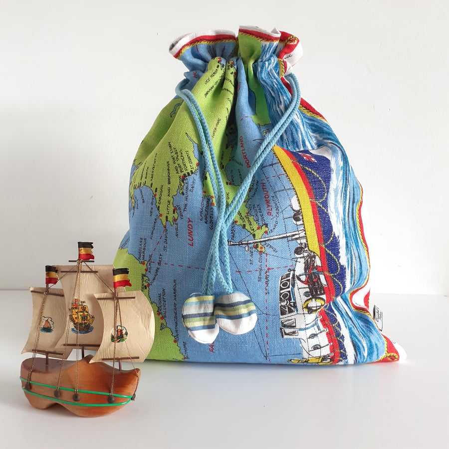 Maps and ships man bag drawstring bag upcycled from a vintage tea towel