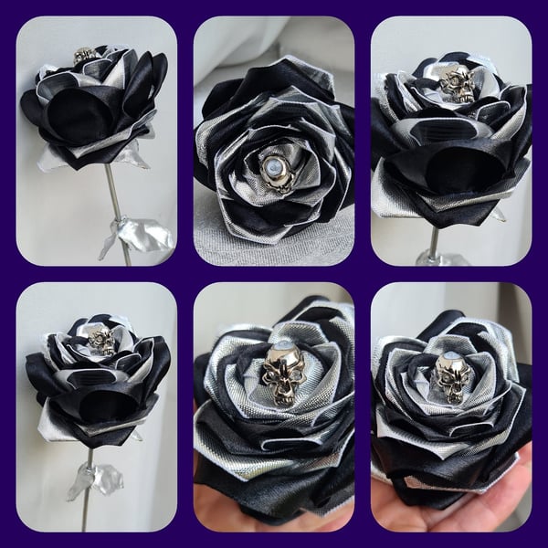 Black & Silver Vampire Skull Ribbon Rose - Long Stem Artificial Flower Gift.