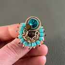 Turquoise Soutache Ring with Swarovski Crystal – Handmade Statement Boho Jewelle