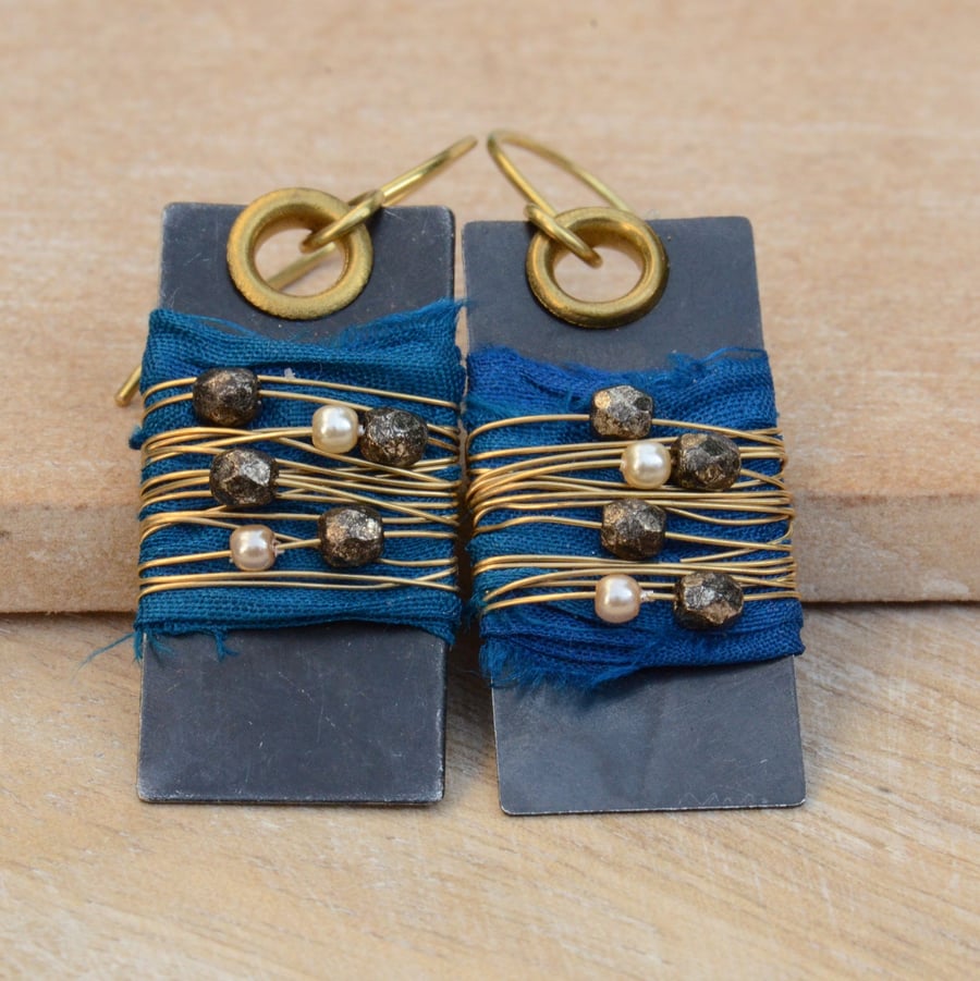 Vintaj Arte Metal & Brass Earrings with Sari Silk Ribbon, Pearl and Glass Beads