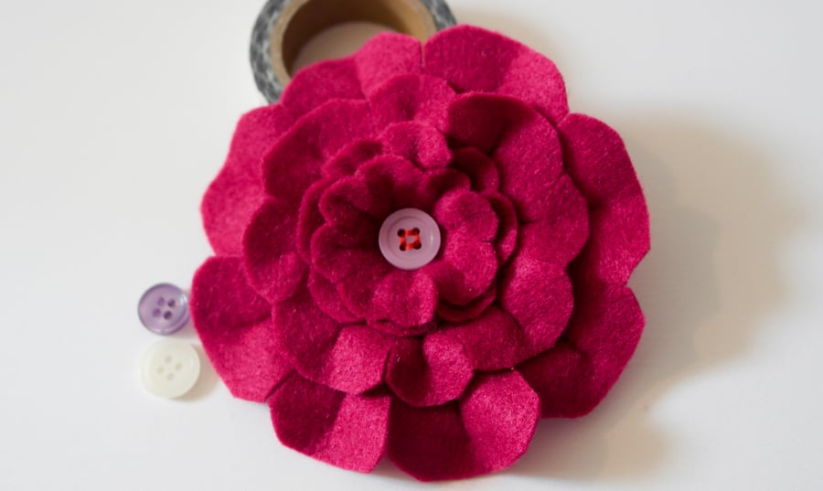 Felt Brooch - Handmade Maroon Flower Brooch - Hand Sewn  - Button