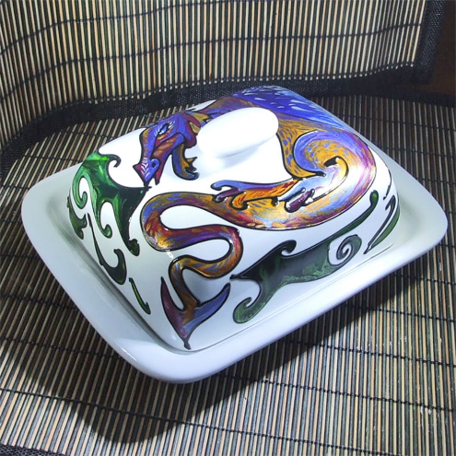 Hand Painted Butter Dish or Trinket Dish with Dragon