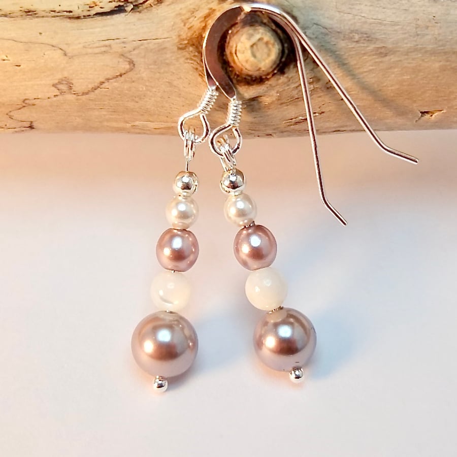 Shell Pearl, Glass Pearl, Mother Of Pearl and Sterling Silver Earrings 