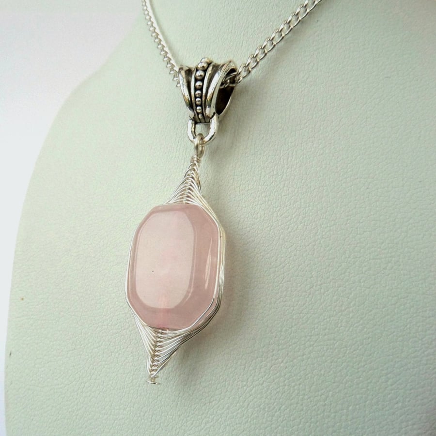 Rose quartz pendant necklace, wire wrapped