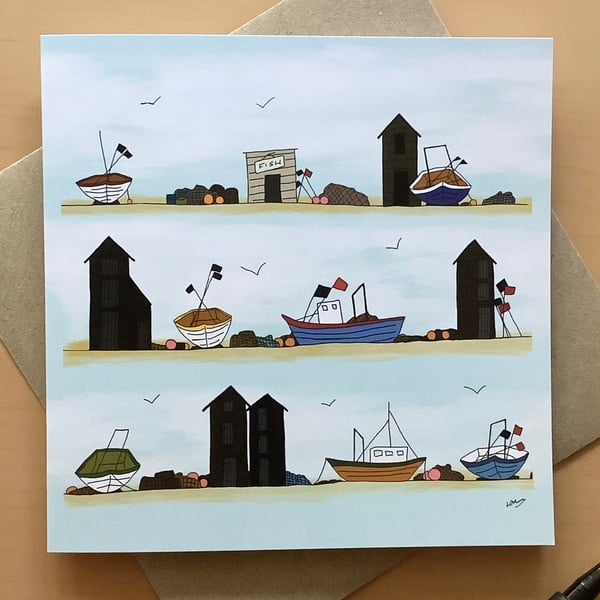 Greetings card - blank inside - fishing huts and boats 