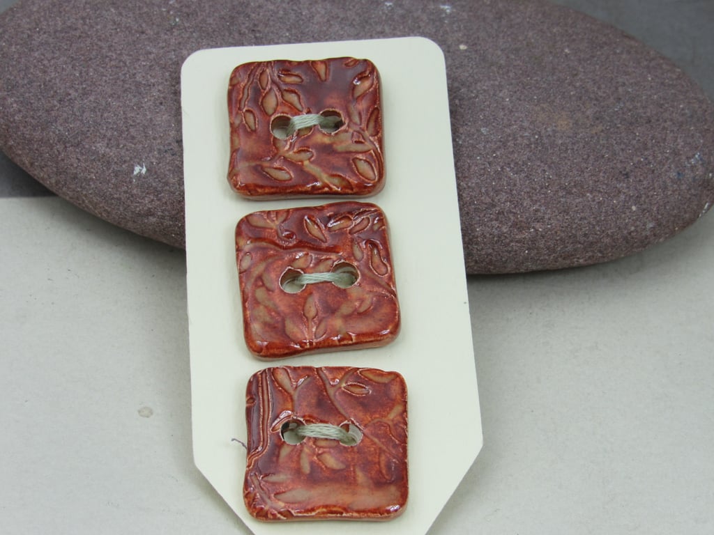 3 Medium Bright Copper Leaf Texture Square Ceramic Buttons