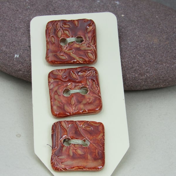 3 Medium Bright Copper Leaf Texture Square Ceramic Buttons