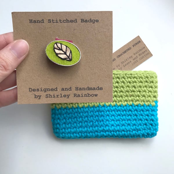 Crocheted Purse and Badge Gift Set - Turquoise and Lime