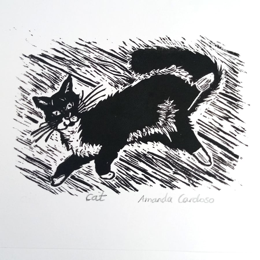 Black and white cat print - original linocut