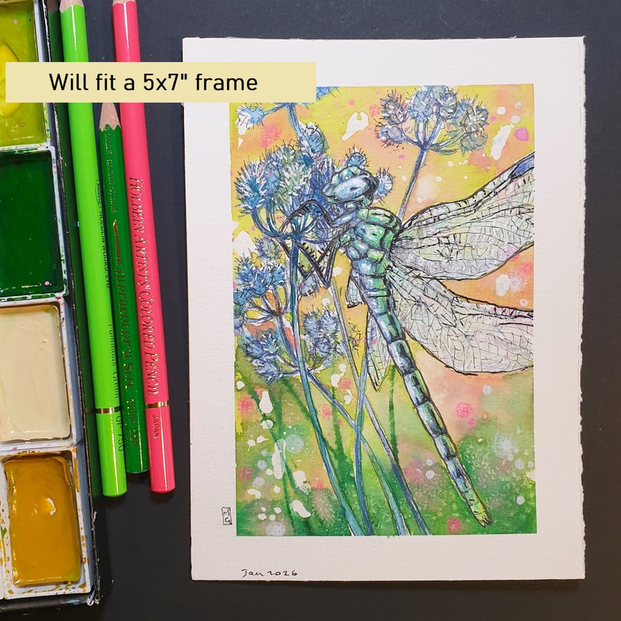 Dragonfly with blue flowers, original mixed media painting, insect artwork