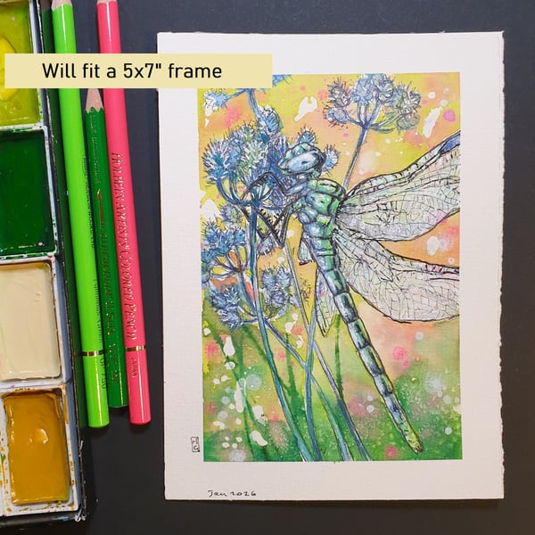 Dragonfly with blue flowers, original mixed media painting, insect artwork