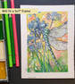 Dragonfly with blue flowers, original mixed media painting, insect artwork - Image 1