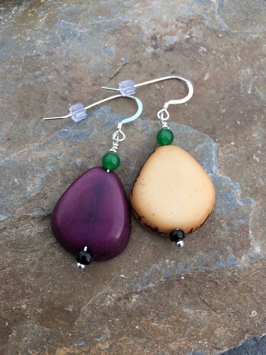 Tagua slice drop earrings, pale yellow and purple