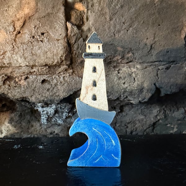 Lighthouse Wave - Hand Painted Maple Wood Shelf Ornament - Coastal Folk Art