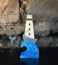 Lighthouse Wave - Hand Painted Maple Wood Shelf Ornament - Coastal Folk Art