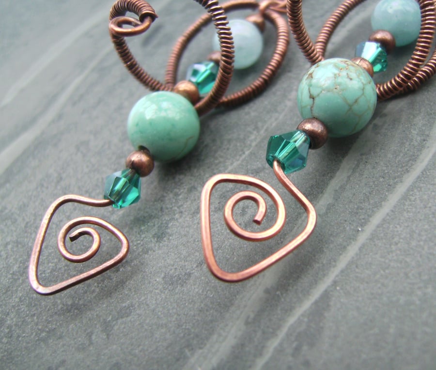 Copper Wire Turquoise Glass Crystal Bead Earrings