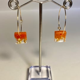 Handmade orange resin and gold leaf square hoop earrings