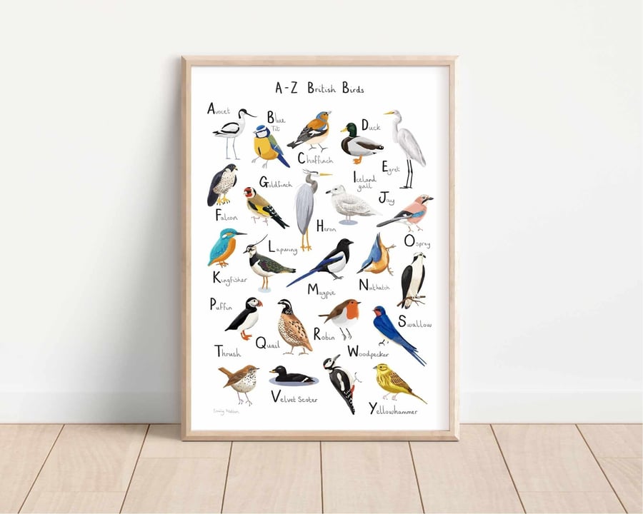 British Birds A-Z Illustrated Art Print: Nature Lover Gift