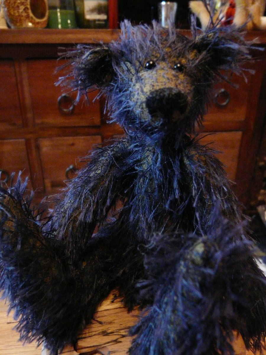 8" Handmade, Jointed Mohair Bear. Green and Blue.