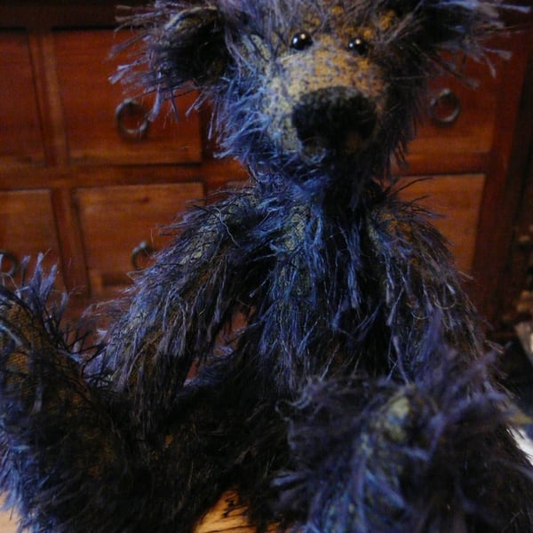 8" Handmade, Jointed Mohair Bear. Green and Blue.