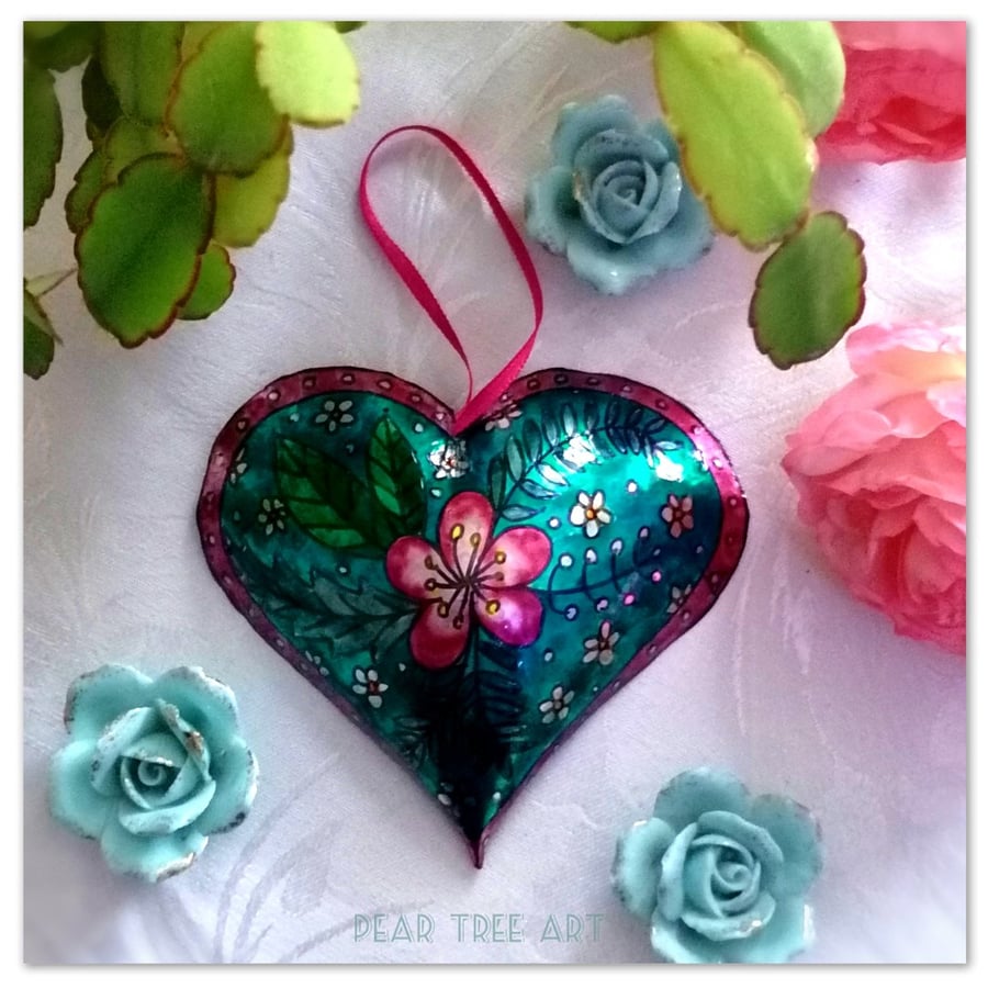 Metal Heart decoration. Turquoise with a pink flower. Handmade. 