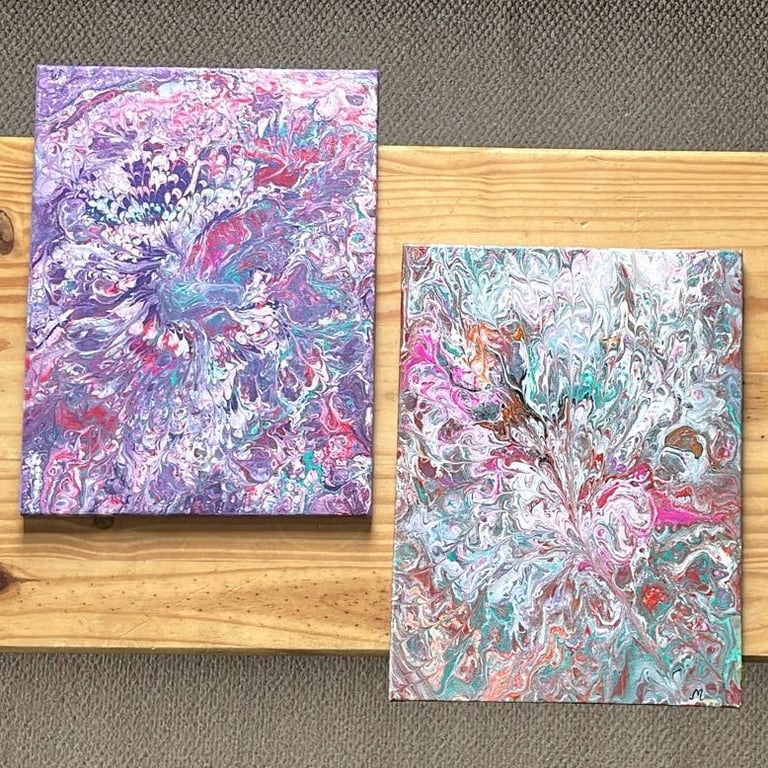 Set of 2, Original Acrylic Pour Painting 9" by 12" (23cm by 30cm)  