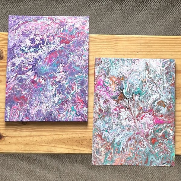 Set of 2, Original Acrylic Pour Painting 9" by 12" (23cm by 30cm)  