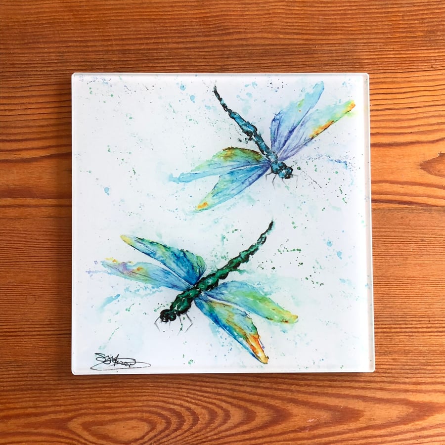 Dragonfly Watercolour on a 20cm Square Glass Trivet, 