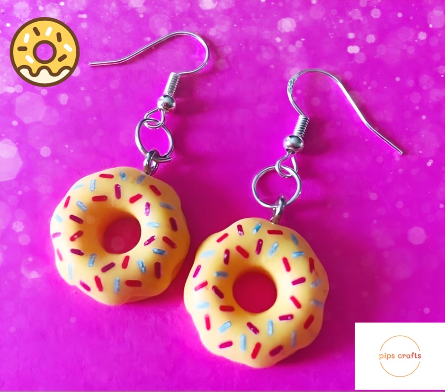 Colourful Doughnut Earrings Lemon Sprinkles, 925 Silver Hooks, Fun Jewellery